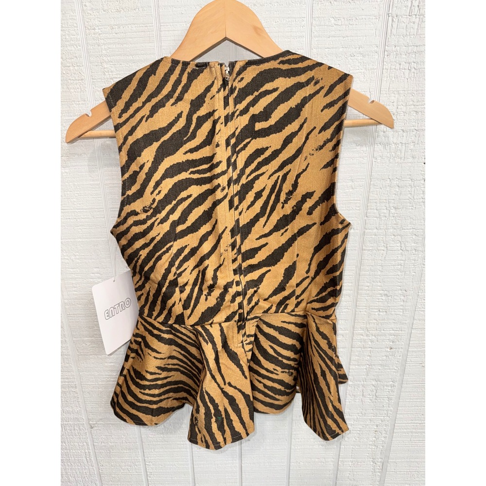Entro Tiger Print Peplum Top Women Brown Black Cutout Back T31161 Small - Picture 4 of 7